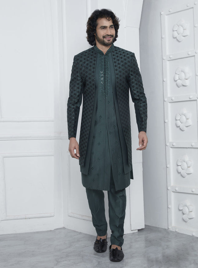 Bottle Green Art Silk Mens Indo Western Outfit