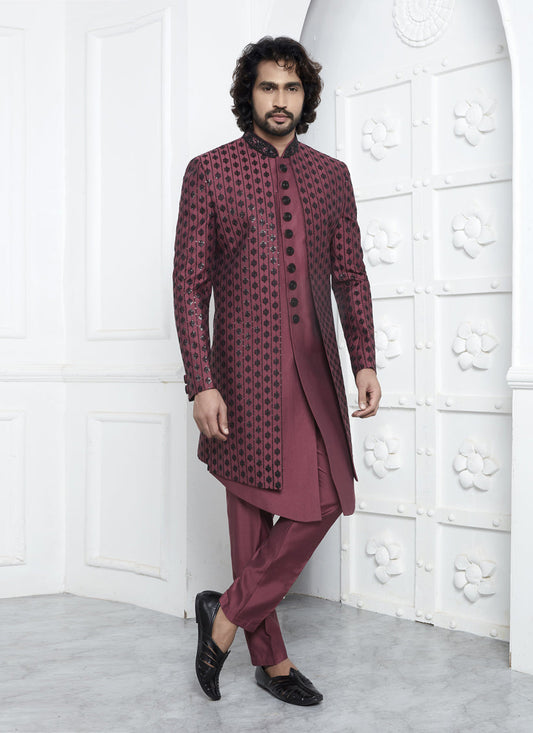 Maroon Art Silk Mens Indo Western Outfit