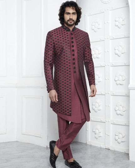 Maroon Art Silk Mens Indo Western Outfit