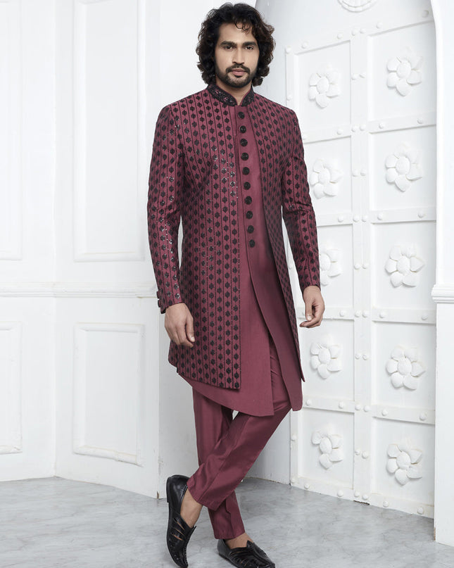 Maroon Art Silk Mens Indo Western Outfit