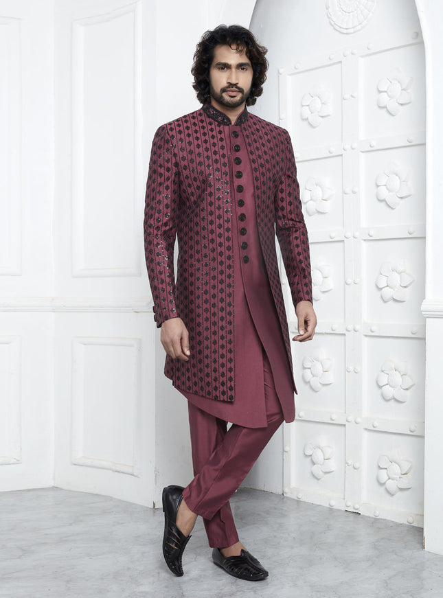 Maroon Art Silk Mens Indo Western Outfit