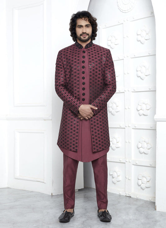 Maroon Art Silk Mens Indo Western Outfit