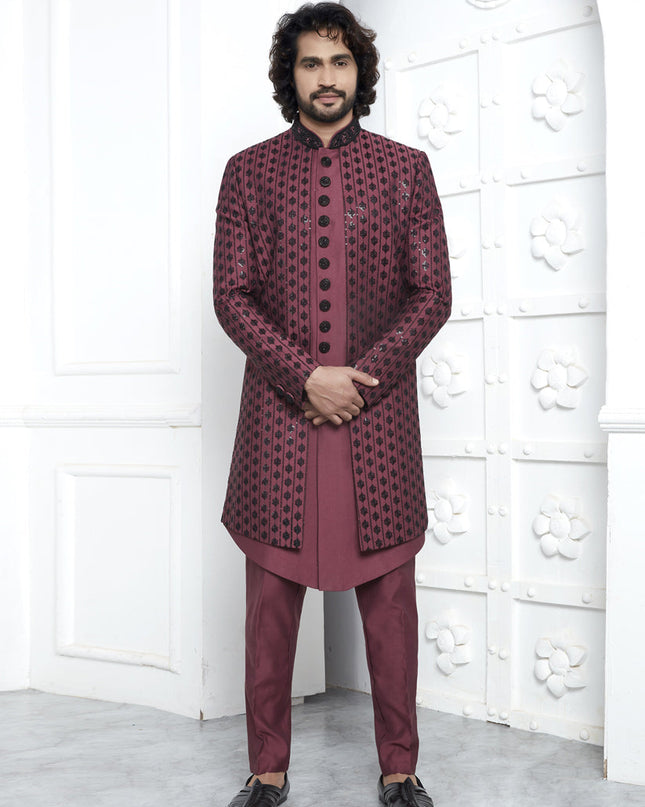 Maroon Art Silk Mens Indo Western Outfit