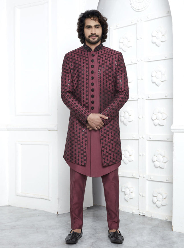 Maroon Art Silk Mens Indo Western Outfit
