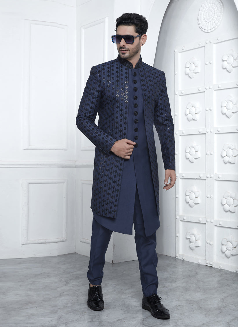 Navy Blue Art Silk Mens Indo Western Outfit