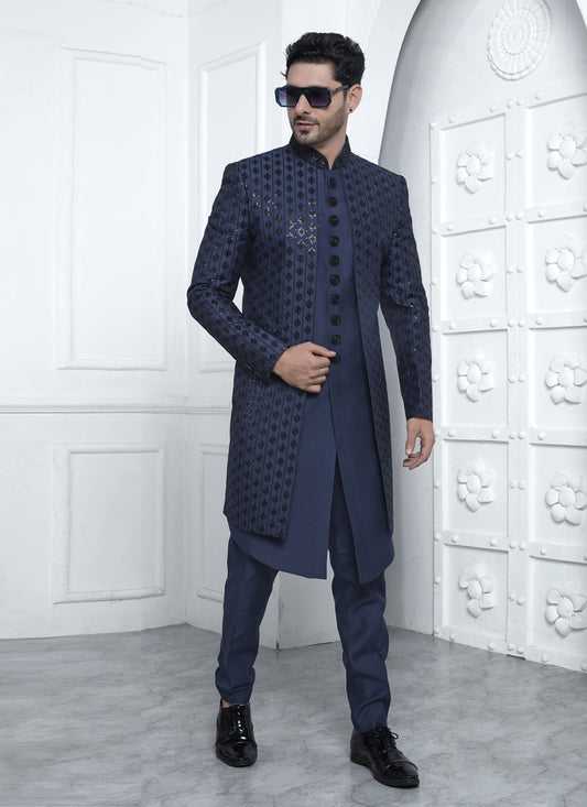 Navy Blue Art Silk Mens Indo Western Outfit