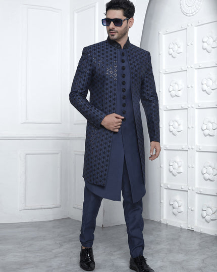 Navy Blue Art Silk Mens Indo Western Outfit