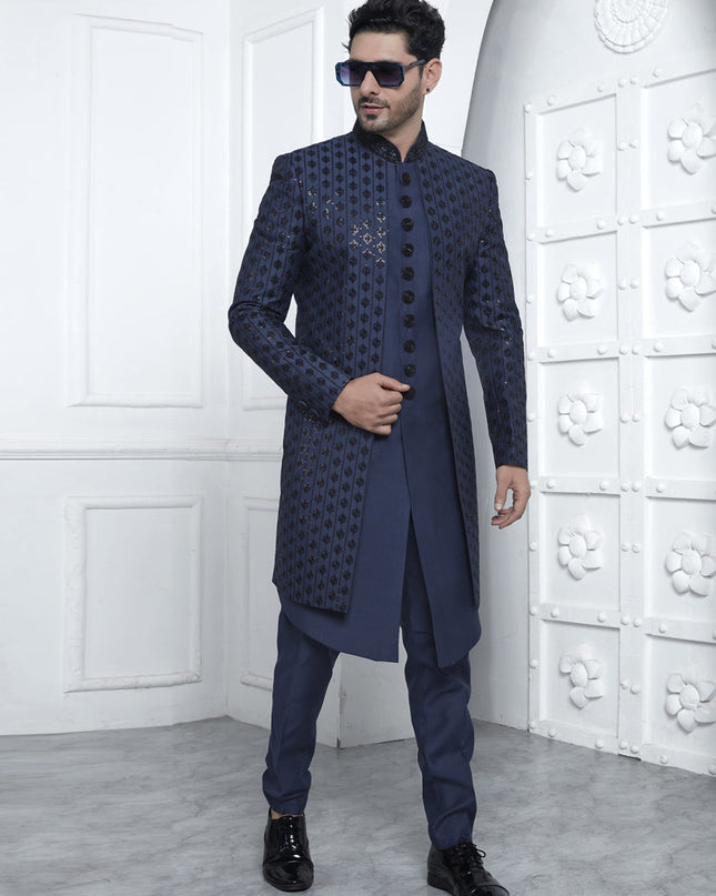 Navy Blue Art Silk Mens Indo Western Outfit