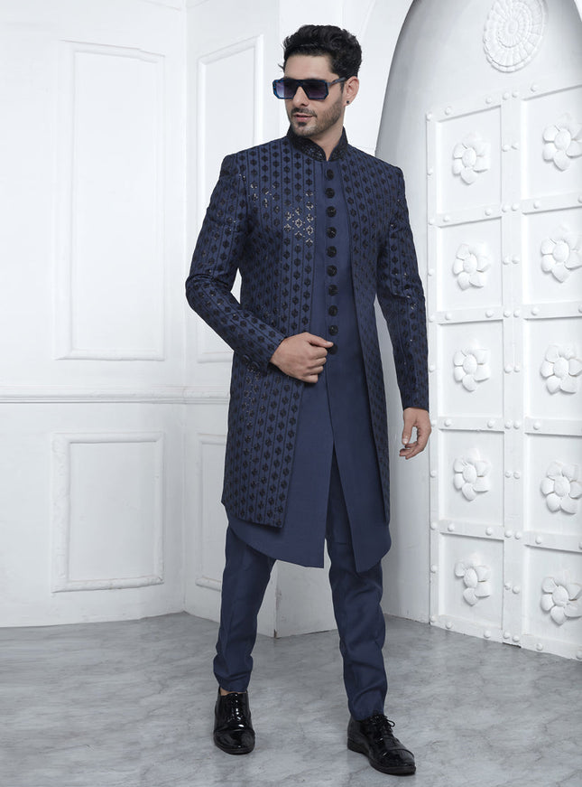 Navy Blue Art Silk Mens Indo Western Outfit