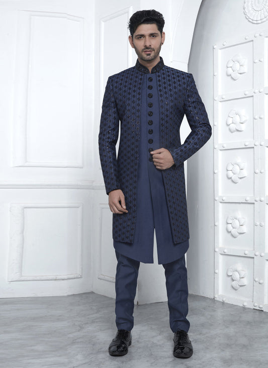 Navy Blue Art Silk Mens Indo Western Outfit