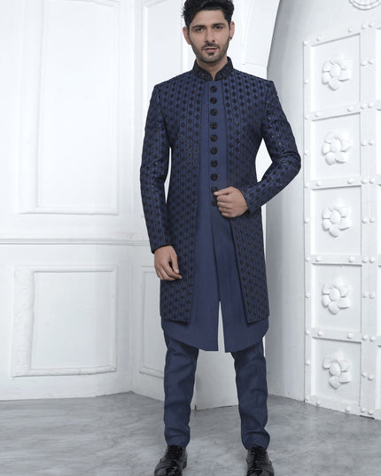 Navy Blue Art Silk Mens Indo Western Outfit