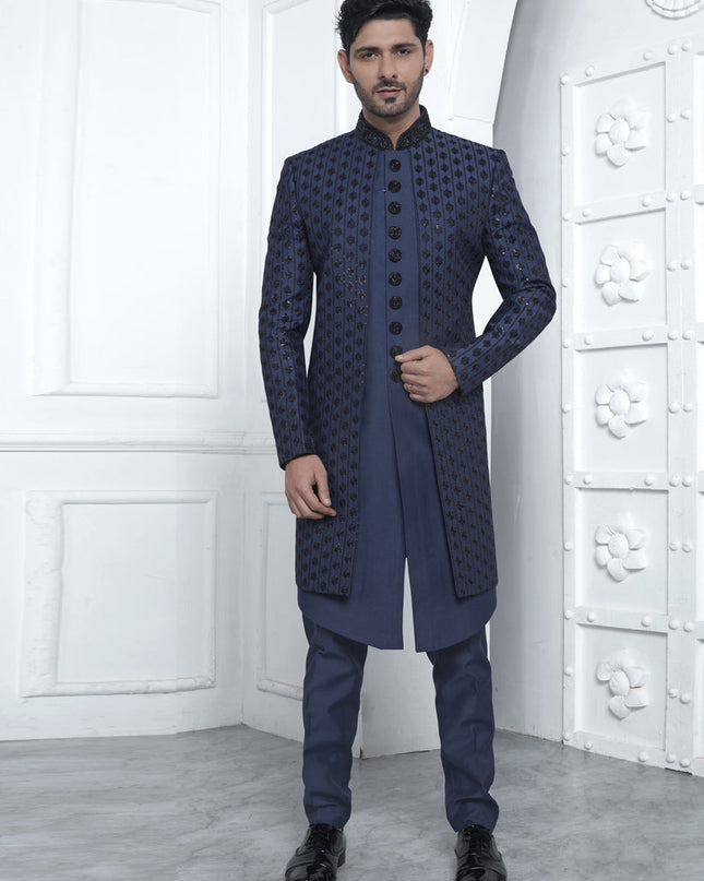 Navy Blue Art Silk Mens Indo Western Outfit