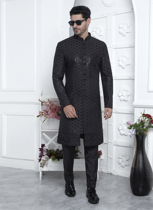 Black Art Silk Mens Indo Western Outfit