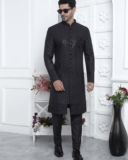 Black Art Silk Mens Indo Western Outfit