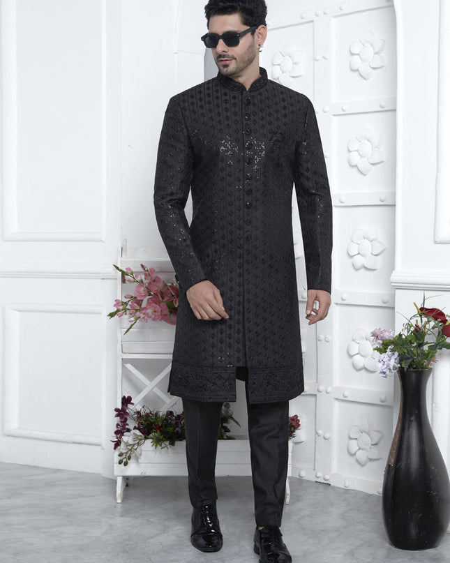 Black Art Silk Mens Indo Western Outfit