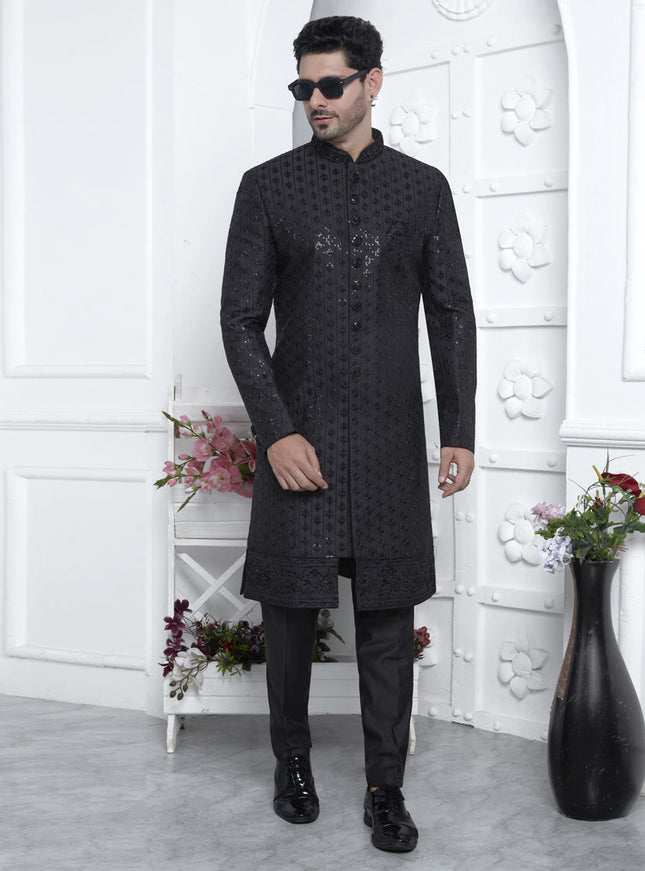 Black Art Silk Mens Indo Western Outfit
