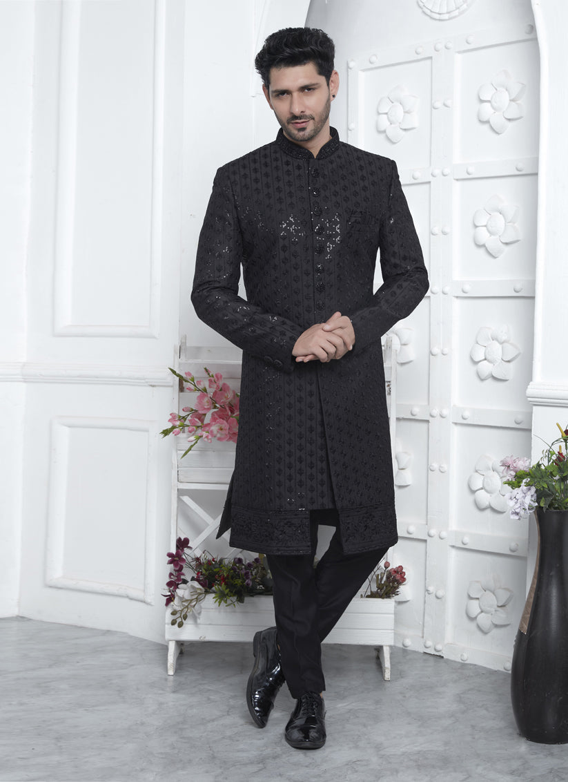 Black Art Silk Mens Indo Western Outfit