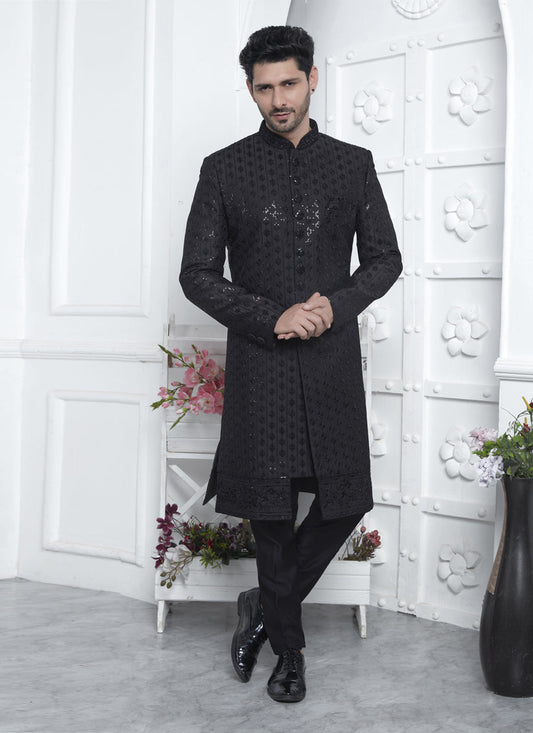 Black Art Silk Mens Indo Western Outfit