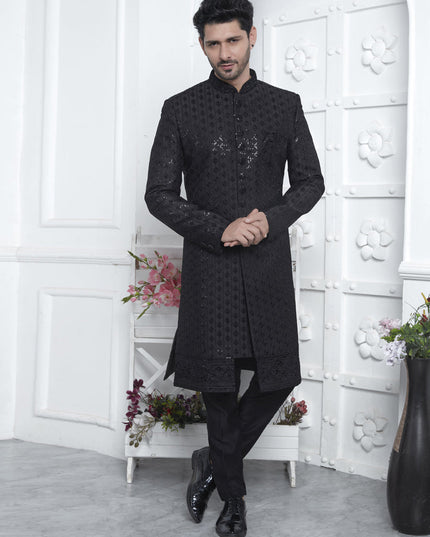 Black Art Silk Mens Indo Western Outfit