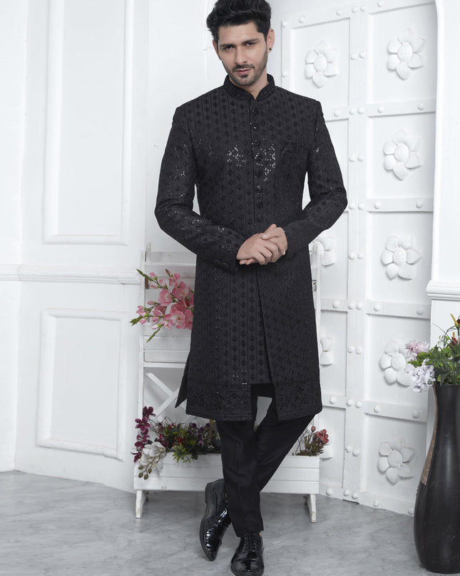 Black Art Silk Mens Indo Western Outfit