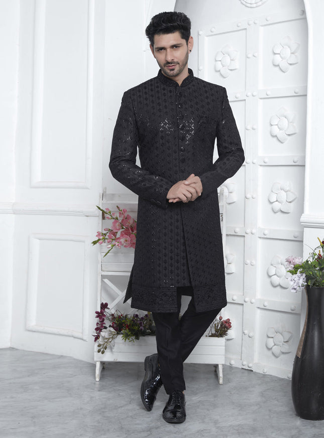 Black Art Silk Mens Indo Western Outfit
