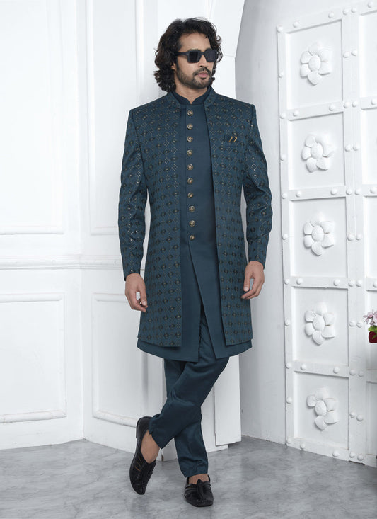 Teal Green Art Silk Mens Indo Western Outfit