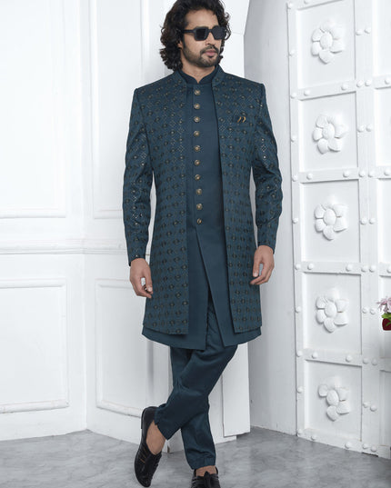 Teal Green Art Silk Mens Indo Western Outfit