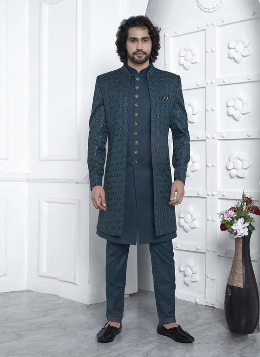 Teal Green Art Silk Mens Indo Western Outfit
