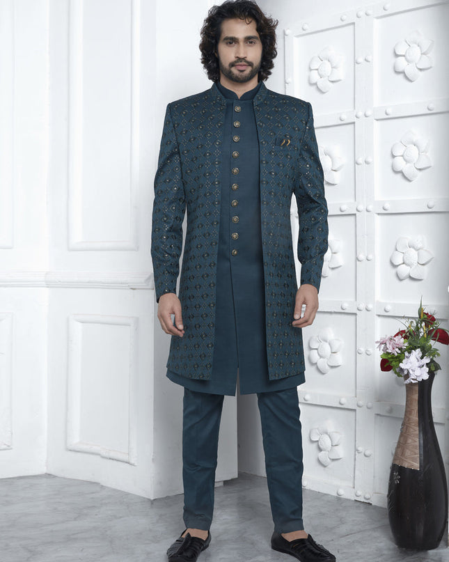 Teal Green Art Silk Mens Indo Western Outfit