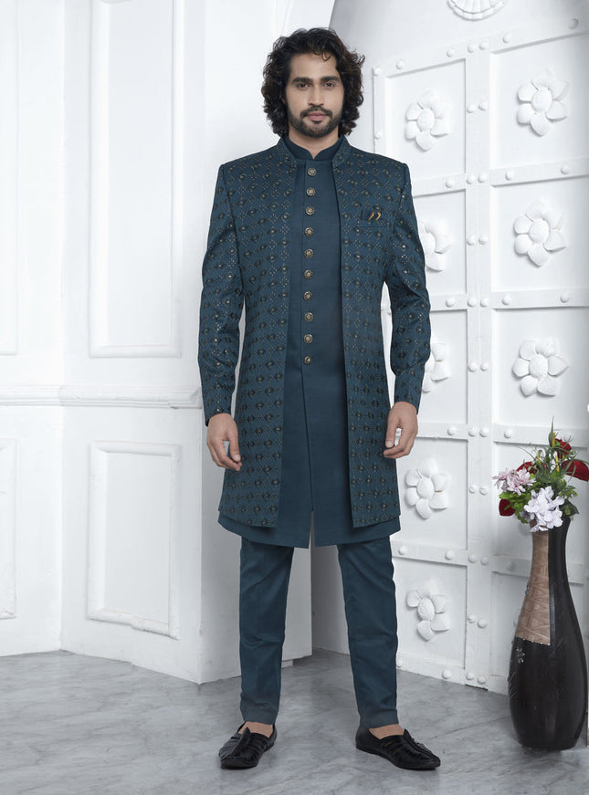 Teal Green Art Silk Mens Indo Western Outfit