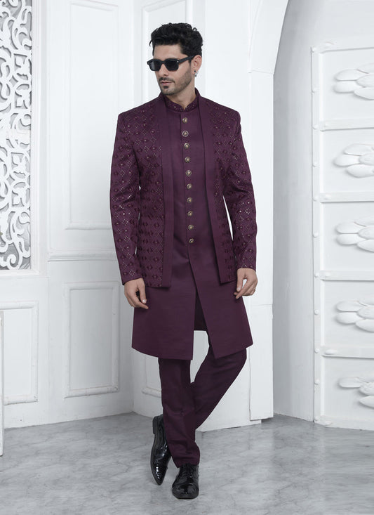 Wine Art Silk Mens Indo Western Outfit