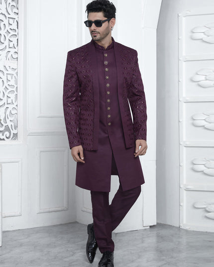 Wine Art Silk Mens Indo Western Outfit