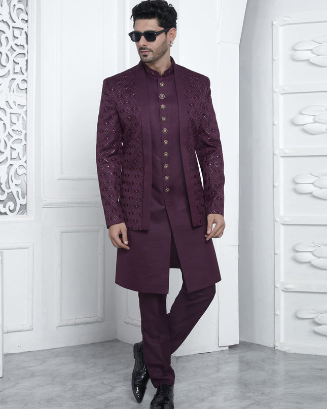 Wine Art Silk Mens Indo Western Outfit