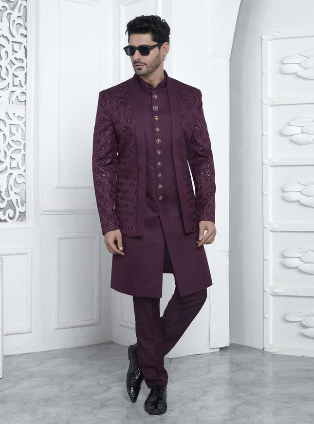Wine Art Silk Mens Indo Western Outfit