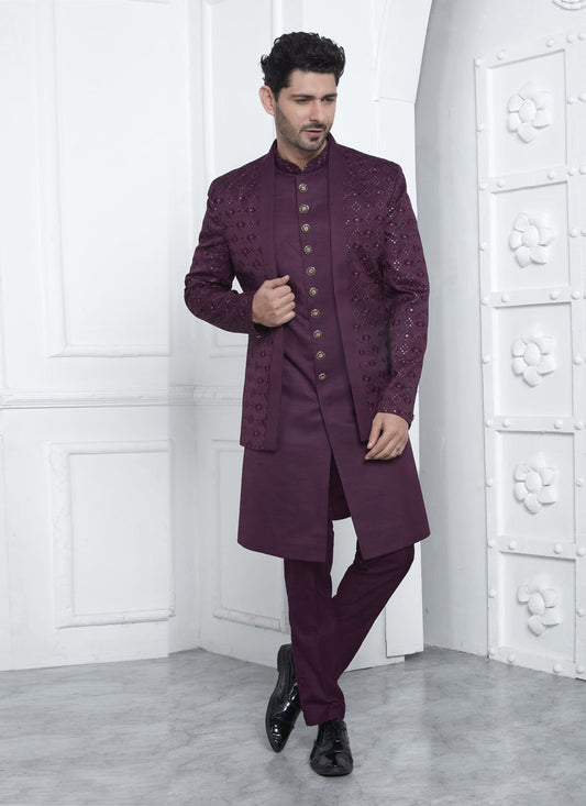 Wine Art Silk Mens Indo Western Outfit