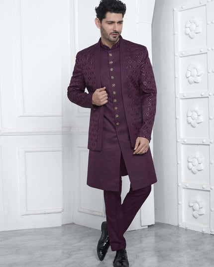 Wine Art Silk Mens Indo Western Outfit