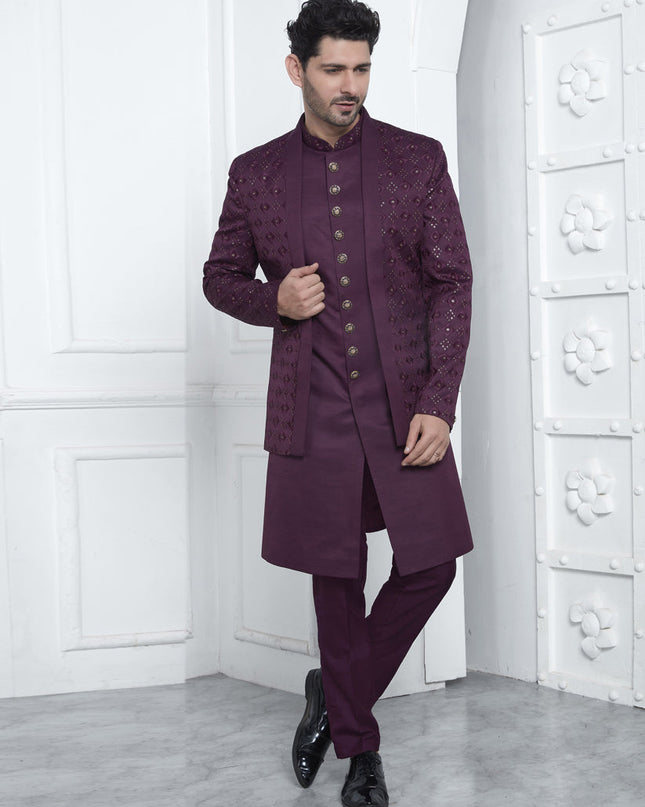 Wine Art Silk Mens Indo Western Outfit