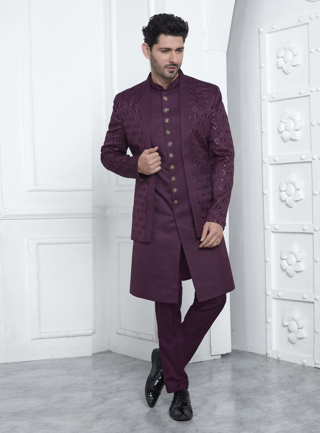 Wine Art Silk Mens Indo Western Outfit