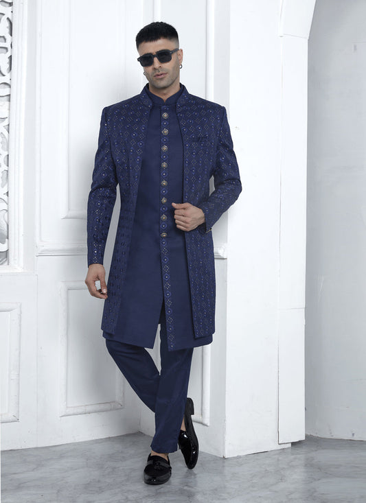Royal Blue Art Silk Mens Indo Western Outfit