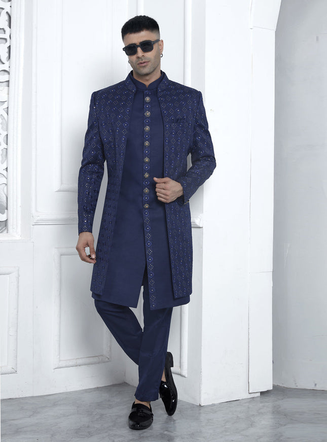 Royal Blue Art Silk Mens Indo Western Outfit