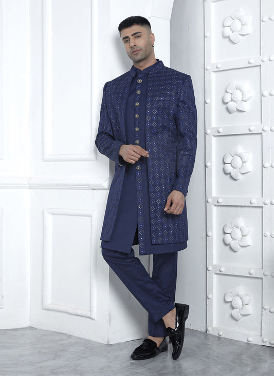 Royal Blue Art Silk Mens Indo Western Outfit