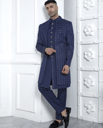 Royal Blue Art Silk Mens Indo Western Outfit