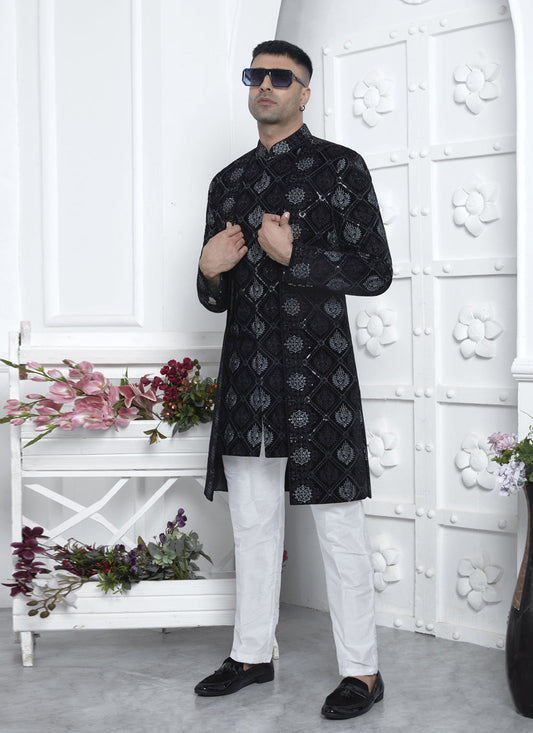 Black Velvet Silk Mens Indo Western Outfit