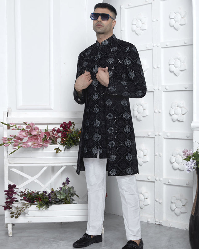 Black Velvet Silk Mens Indo Western Outfit