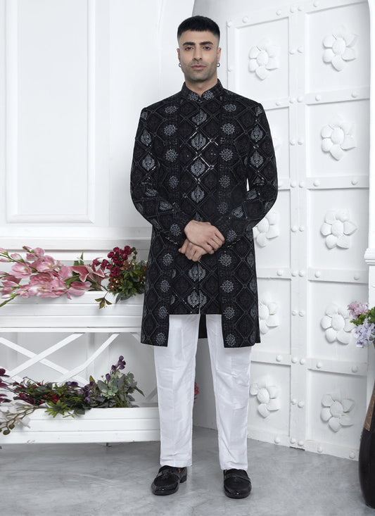 Black Velvet Silk Mens Indo Western Outfit
