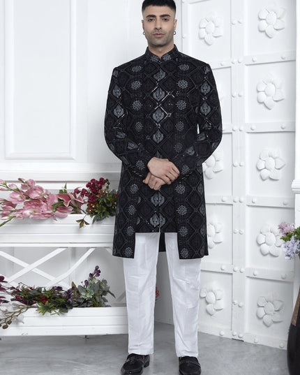 Black Velvet Silk Mens Indo Western Outfit