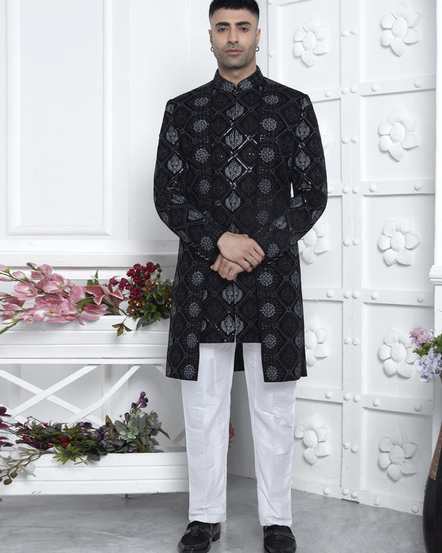Black Velvet Silk Mens Indo Western Outfit