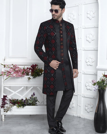 Black Velvet Silk Mens Indo Western Outfit