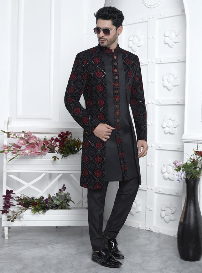Black Velvet Silk Mens Indo Western Outfit