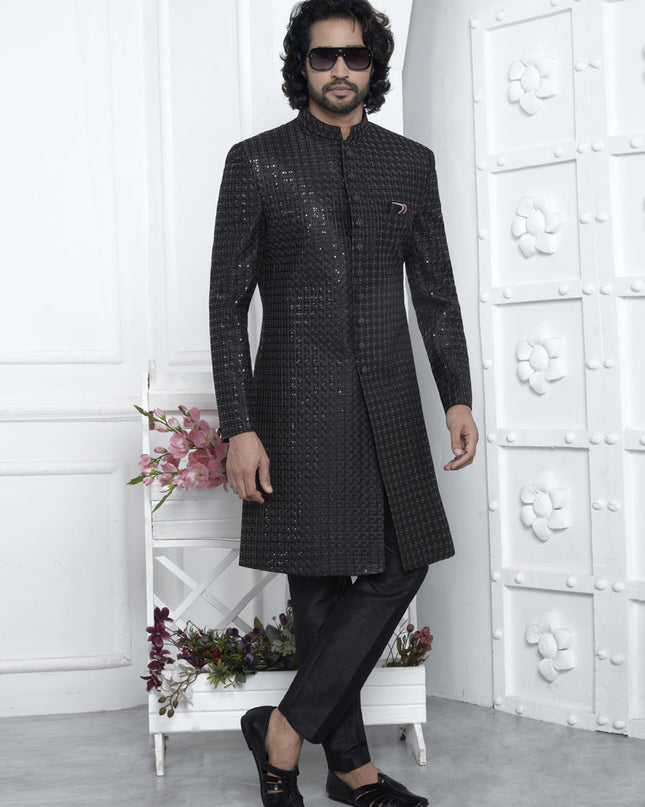 Black Velvet Silk Mens Sherwani